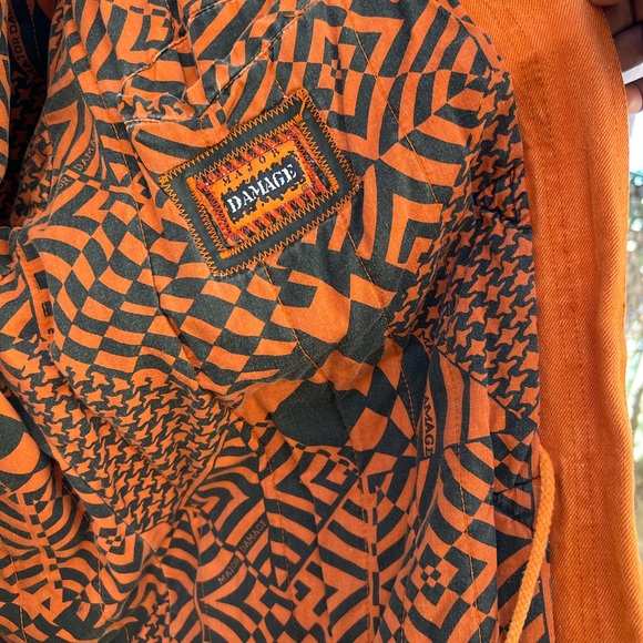 Major Damage Patchwork Drawstring Denim Coat, Mens XXL - Orange/Blk, 90s Vintage - Picture 3 of 12